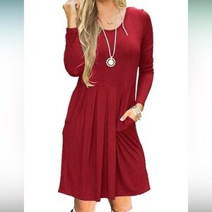 ✨Simier Fariry Womens Long Sleeve Loose Casual Fall Dress with Pockets Wine S